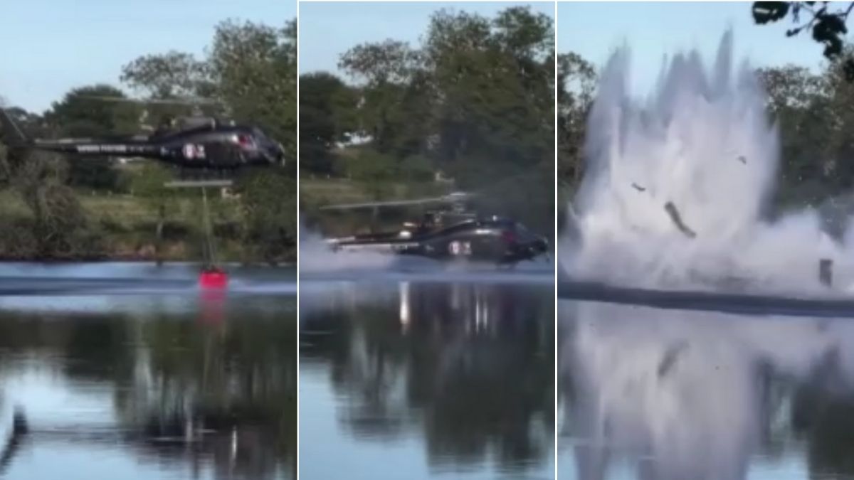 Fransa'da alevlerle savaşan helikopter göle çakıldı! O anlar kamerada