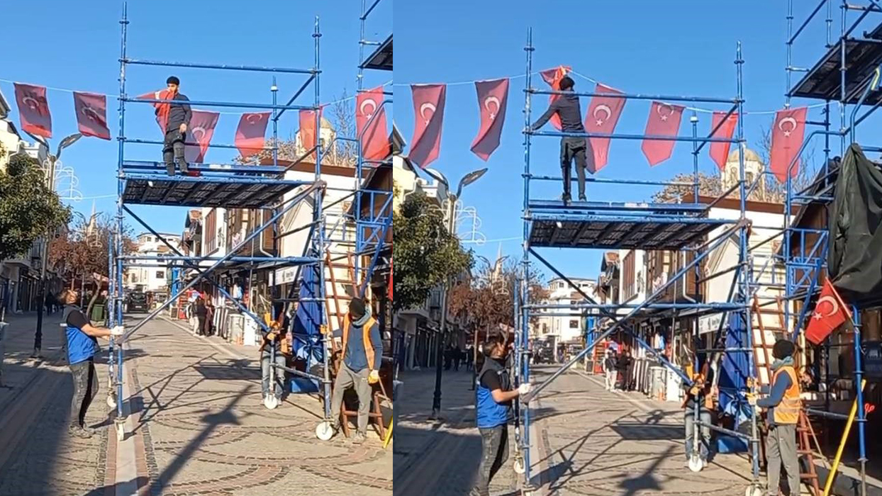 İşçinin Türk bayrağına saygısı takdir topladı