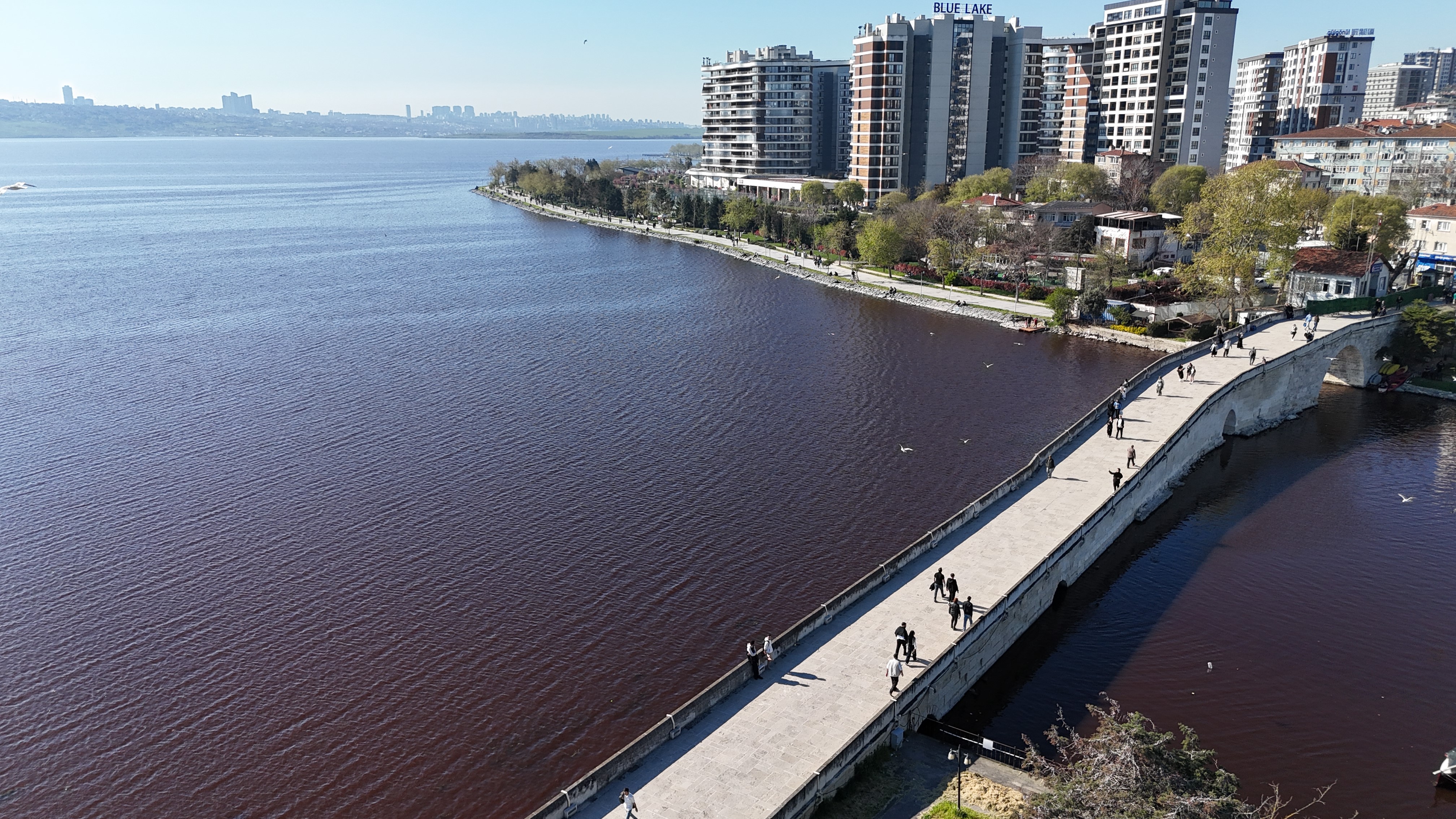 Küçükçekmece Gölü'nde korkutan görüntü: Suyun rengi kırmızıya döndü